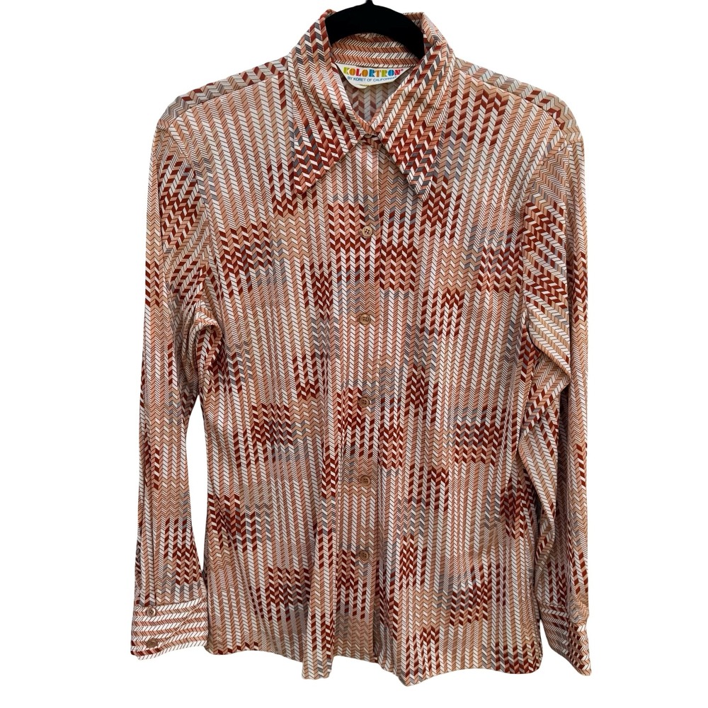 Kolortron Koret of California Vintage 70s Chevron Dagger Collar Blouse Rust Tan
